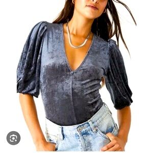 Free People Don't You Wish Crushed Velvet Puff Sleeve Bodysuit Blue Gray